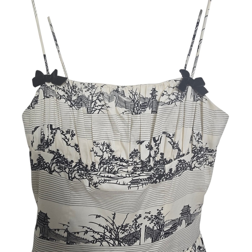 Vintage Tracy & Michael Toile Women's Dress Ivory Velvet Black Bow Strap Midi - Picture 7 of 13